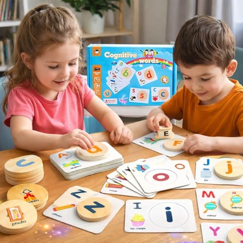 Image of PLUSPOINT Cognitive Words Letter Matching Game for Kids | Montessori Spelling & Phonics Learning Toy with Flash Cards & Wooden Alphabet Blocks | Early Reading Educational Toy for Ages 3+ Years