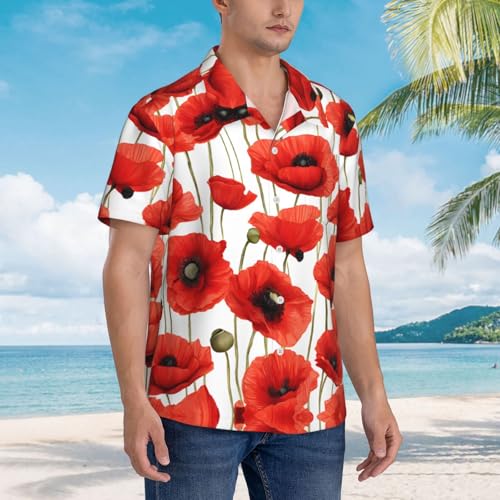 NPOREJKNGF Chemise hawaïenne à motif de coquelicot rouge – Impression sur un seul côté, tissu polyester ultra doux, manches courtes boutonnée pour hommes et adolescents, Noir , L – vue 3