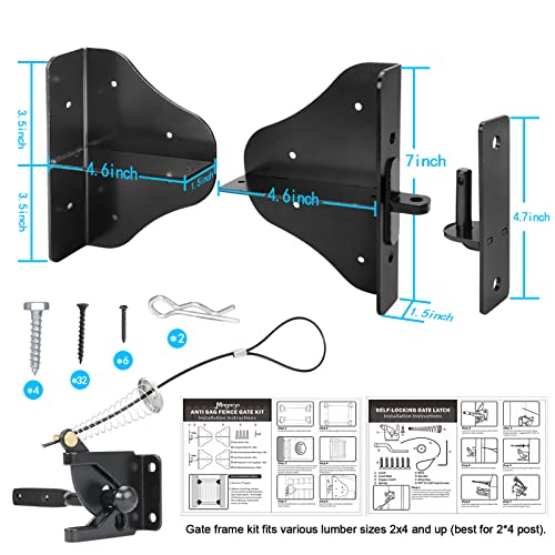 Image of Fence Gate Kit Gate Hardware with Gate Latch - Updated 90 Degree Right Angle Gate Hinges - Anti Sag Gate Kit - Gate Corner Brace Bracket (1 Set)