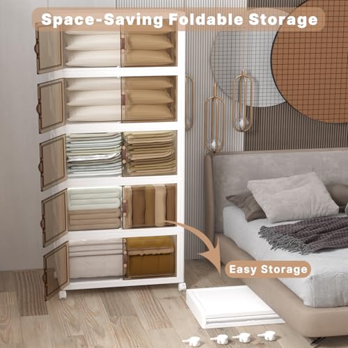 Image of UAMFURI Stackable Storage Bins with Lids, 840QT Closet Organizers and Storage Cabinet with Doors & Wheels, Lockable Plastic Foldable Drawers for Bedroom Dorm Office Garage(168QT*5,White)