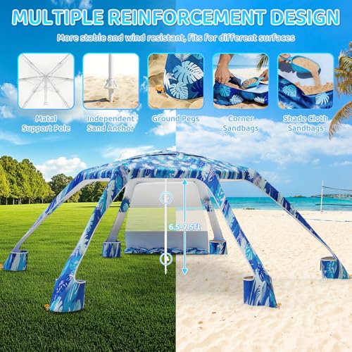 Beach Cabana with 6-Corner, 8'×8' UPF50+ Beach Canopy, Adjustable Height Beach Tent Sun Shelter, Cool Cabana Beach Tent with Removable Side Wall, Beach Shade for Beach, Garden, Camping (Leaf Print) by COZEER - Image 4
