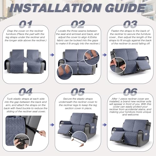 TAOCOCO 100% Waterproof Recliner Covers, Recliner Sofa Covers with Leg Straps, Reversible Recliner Couch Cover for Reclining Chair, Washable Couch Protector for Pets Kids(2 Seater, Bluish Gray) — view 6