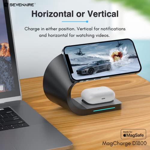 Image of Sevenaire MagCharge D1800 3-in-1 Wireless Charging Dock [23W Fast Charge] [Mag-Safe Compatible] for iPhone 17,16,15,14,13,12 Series | iWatch | Air-Pods (BLK with 18W Adapter)