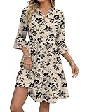 Zeagoo Kleider Damen V-Ausschnitt 3/4 Ärm Freizeit Kleid Sommer Swing Knielanges A-Linie Strandkleid Lässige Lose Kleid mit Taschen Floral C M