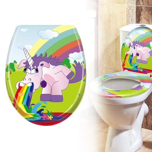 Froadp Toilettendeckel Klodeckel mit Absenkautomatik WC Sitz Toilettensitz aus Duroplast und Edelstahl Antibakteriell Toilettenbrille für Alle Handelsüblichen WC-Becken (Regenbogen und Pferd)