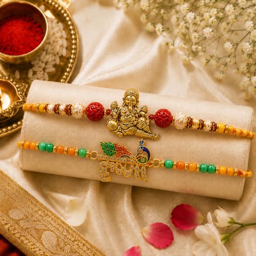Image of CraftVatika Rakhi Set of 2 for Brother, Premium Religious Rudraksh Om Ganesha Rakhi for Brother Boy Men Bhaiya, Rakshabandhan Thread Combo for Bhai, Best Wishes Card and Tillak Set, Traditional Festival Set