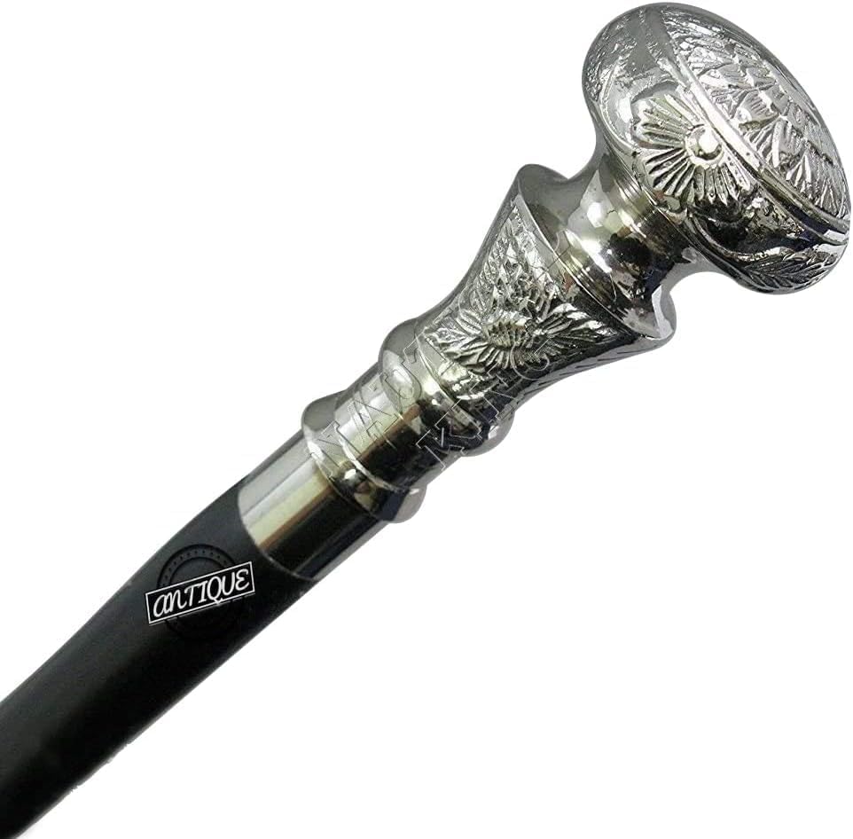 Victorian Walking Silver Handle & Black Wooden Cane Shaft Vintage, Chrome, Black - Image 2