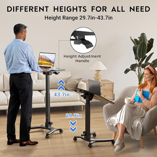 Image of BONTEC Mobile Foldable Standing Desk, Portable Adjustable Height Desk with Gas Spring, Small Rolling Laptop Desk with Wheels for Home, Office, Bedroom, and Medical Use, 25.6 inch x 19.7 inch Desktop, Black