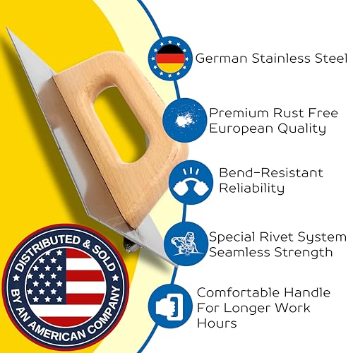 DEKOR Groover Trowel - 8.85\" x 5.90\" - German Stainless Steel - Masonry Tools for Grooving - Concrete tools for DIY and Commercial Use - Made in Europe - Wooden Handle