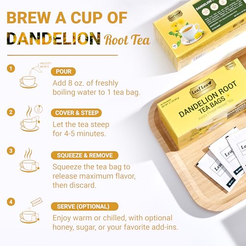 LeafLea 40 Dandelion Root Tea Bags, Dandelion Tea Supports Wellness and a Balanced Lifestyle, Natural Dried Dandelion Root, Vegan, No Sugar, Caffeine-Free