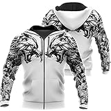 ZFSBRTL Nordische Mythologie 3D-Druck Odin Wolf Fenrir Tattoo Hoodie, Herren Viking Retro Weiblicher Krieger Totem Pullover Streetwear Große Casual Zip Kleidung,Zipper a,M