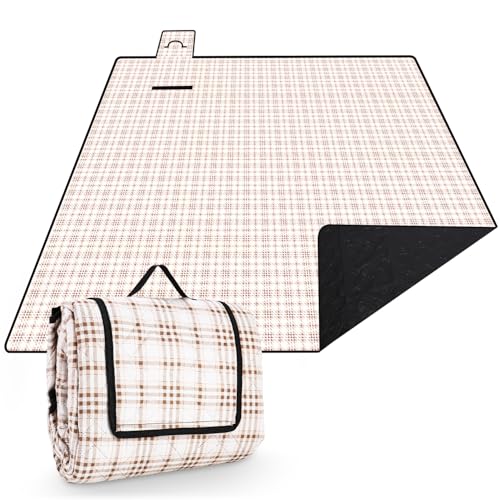 Tixexo Picknickfilt,200 x 200 cm Tre lager vattentät och sandtät strandfilt,XXL campingfilt med bärhandtag,hopfällbar picknickfilt för camping,park,strand (Beige rrutig)