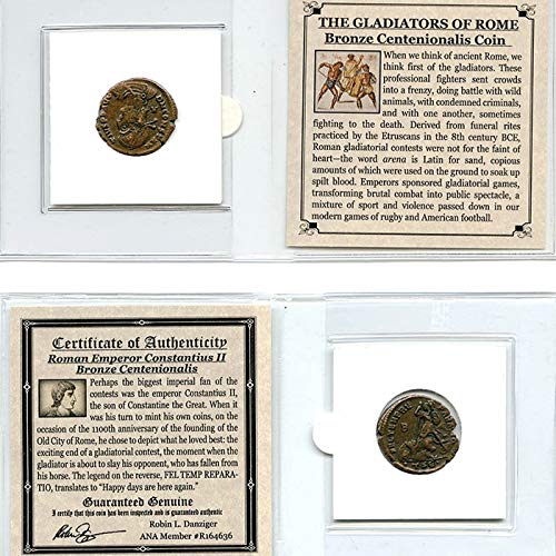 THE GLADIATORS OF ROME - Authentic Roman Bronze Centenionalis Coin of Constantius II in Mini Folder with Certificate of Authenticity - Genuine Ancient Antique from 337-361 AD - Historical Souvenir with COA