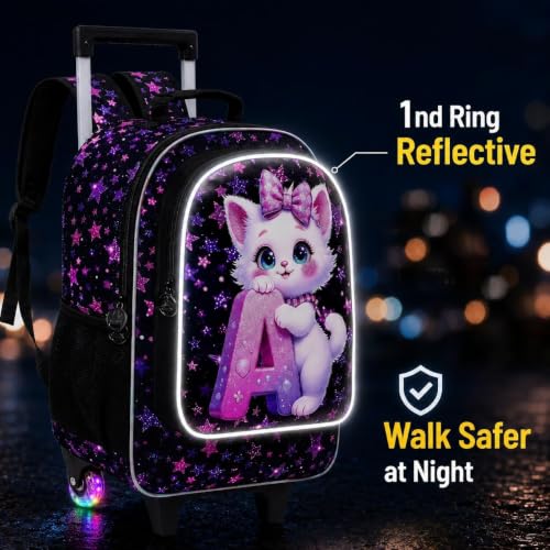 Image of CCJPX 18 inch Cat Rolling Backpack for Girls, 3Pcs Kids Glow Wheels Bookbag with Lunch Box, Lightweight Roller School Bag for Elementary Preschool (Black)