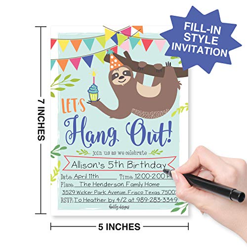 Image of Hadley Designs Kids Birthday Invitations For Boys and Girls Sloth Theme - 25 Sloth Birthday Party Invitations For Boys, Let's Hang Out Invites For Girls, Cute Animal Party Supplies, Made In USA