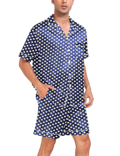 Image of SWOMOG Men Silk Pajama Set Short Sleeve Satin PJs Sets 2 Piece Button Down Sleepwear Soft Summer Loungewear with Pockets