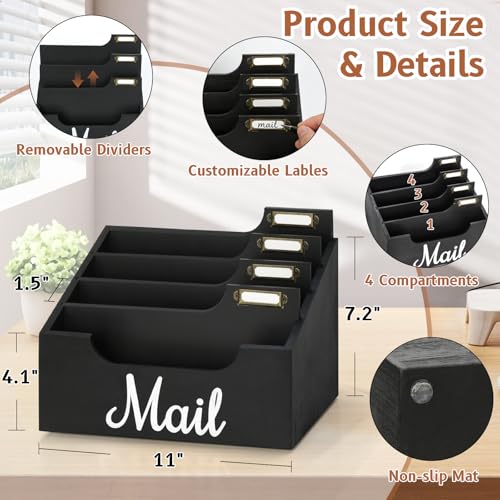 Wood Mail Organizer Countertop, Rustic Mail Holder for Desk with 4 Slots, Mail Sorter for File Paper Folder, Letter Sorter Bill Organizer for Office Home Classroom, Desk Organizers and Accessories - Thumbnail 7