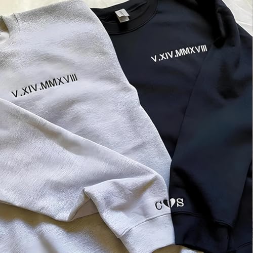 Custom Embroidered Roman Numeral Hoodies, Personalized Matching Shirt for Couples, Customized Wedding Sweatshirt, Gift for Girlfriend Boyfriend, Christmas Hoodies with Initial Name and Heart3