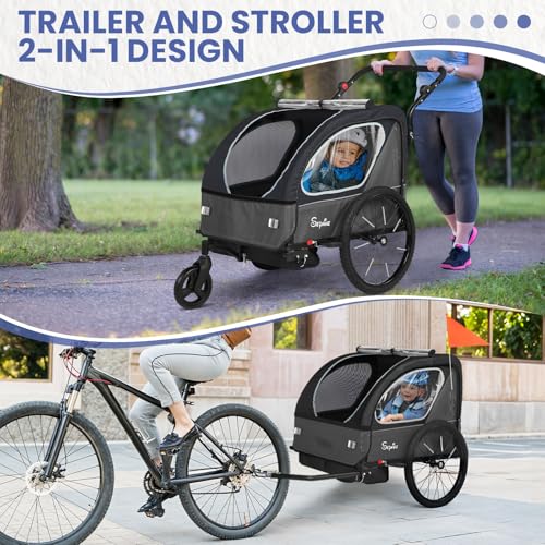 Image of Sepnine Kids Bike Trailer, 2 in1 Canopy Carrier Converts to Pushcart Suitable for 1 to 2 Toddlers, Kids, Quick Attach to Bike, Foldable, with 5-Point Harness and Storage Bags