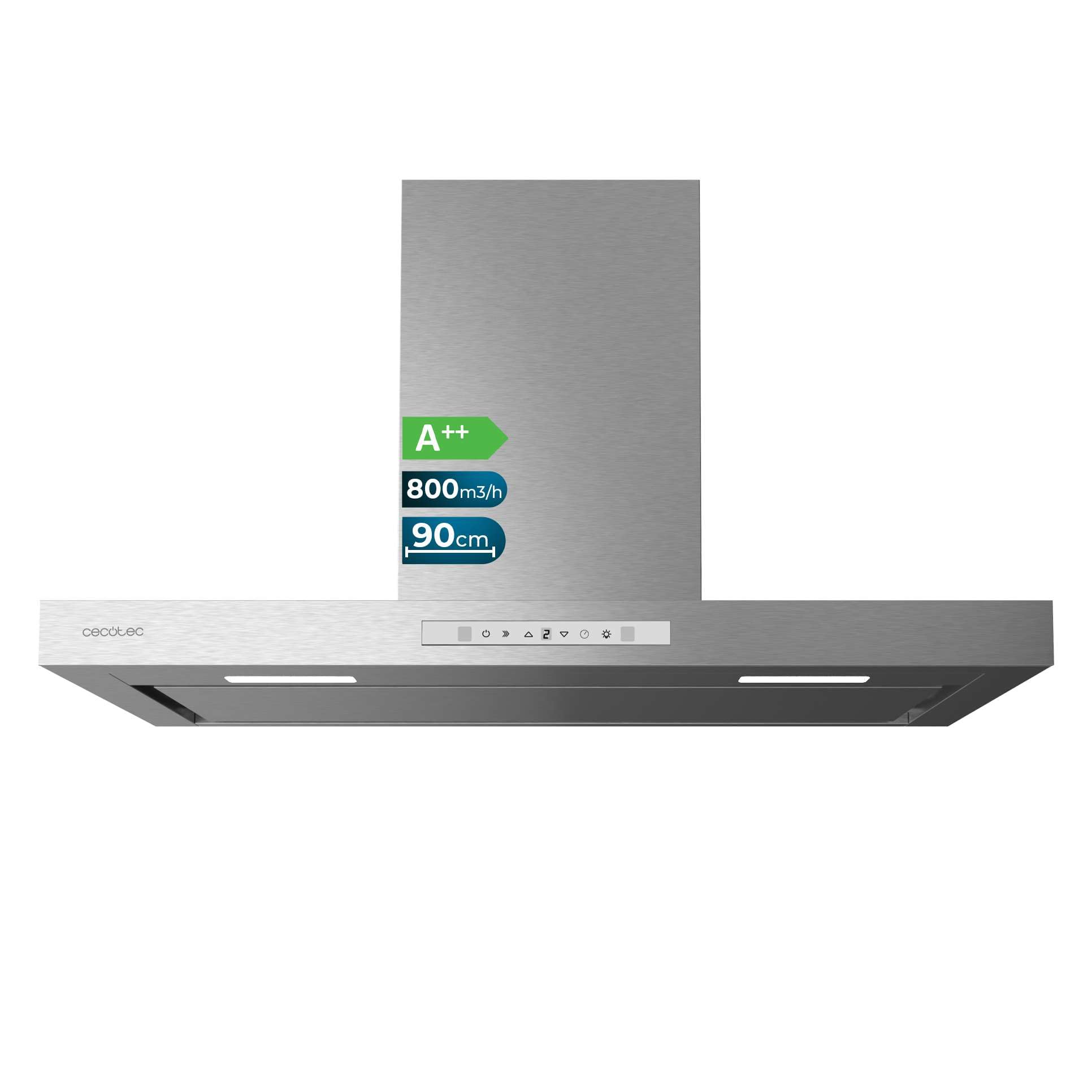 Cecotec Campana Extractora 90cm Tipo T Bolero Flux TT 908000 Slim Glass White A++. 210W, Succión 800m³/h, 3 Niveles de Potencia, Display Táctil, Filtro de Carbono Ø176, Control de Movimiento