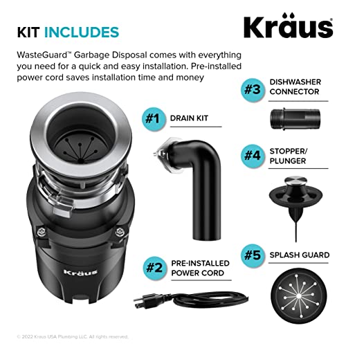 KRAUS WasteGuard 1/2 HP Continuous Feed Ultra-Quiet Motor Garbage Disposal with Quick Connect Mount, Power Cord and Flange Included, KWD110-50MBL - image 3