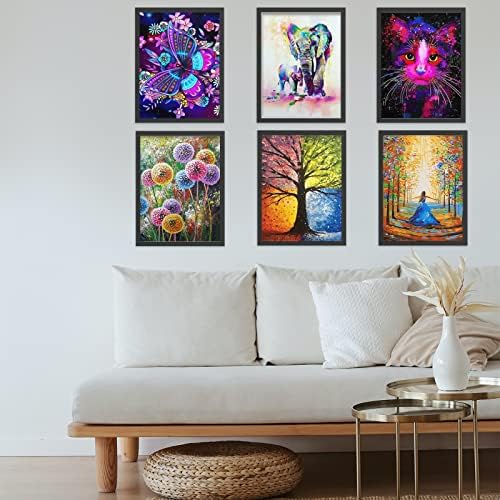 6 Pcs 5D Diamond Painting Kits Full Drill,Cat, Butterfly, Elephant, Dandelion, Four Seasons Tree, Princess, Rhinestone Embroidery Art, DIY Craft Paintings Kits Gifts for Kids, Adults, Home Wall Decor