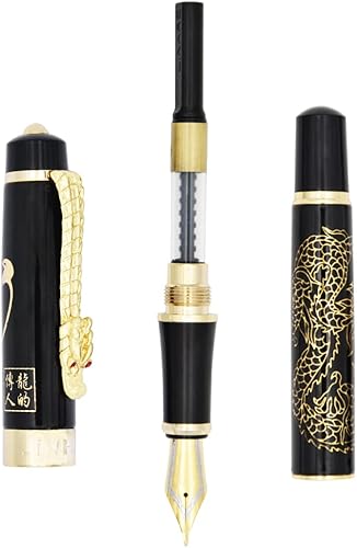 Miniatura 5 de Gullor Pluma estilográfica Descendientes del Dragón/Loong Negro con patrón de dragón dorado y caracteres chinos