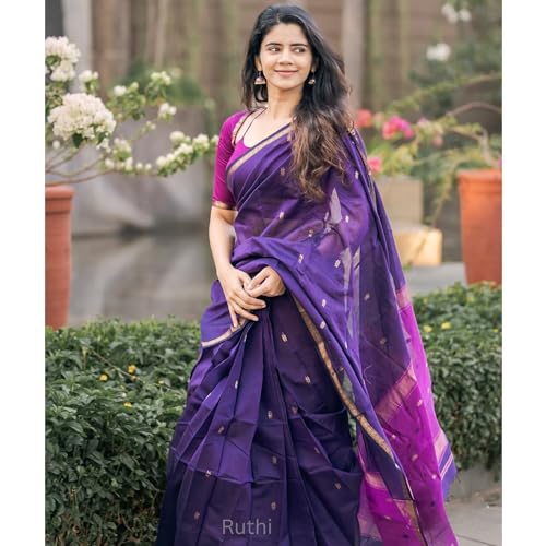 Image of Original Maheswari Cotton Silk Saree for Women | Kanjivaram Pure Silk Cotton Sari with Blouse | Zari Work | Tassels | Handloom Weave