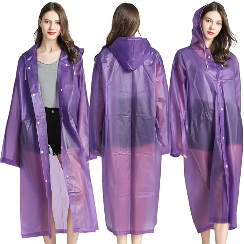 Image of Rain Ponchos, 2 Packs Reusable Ponchos for Adults with Drawstring Hood and Sleeves, Emergency Rain Coat for Theme Park, Hiking, Camping or Traveling