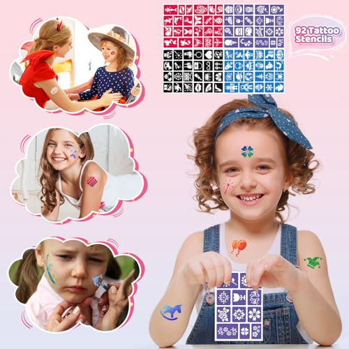 Tattoo Stifte Kinder, 10 Stück Glitzer Tattoo Kinder Tattoostifte Set für die Haut mit 8 Blätter 92 Schablonen Groß Temporäre Tattoo Henna Schablonen für Kinder Erwachsene Geburtstage Party Halloween
