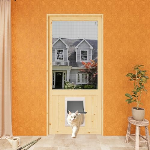 Cat Wooden Screen Door for Exterior/Interior, with Built-in Pet Doors, 36 x 80 Inch French Style Solid Pine Screen Door (Single Panel),for Front Entry, Storm, Porch, Patio, Hallway