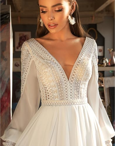 Boho Puffy Long Sleeve Wedding Dress V-Neck Chiffon Beach Bridal Gowns3
