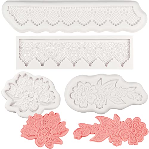 Lace Fondant Molds 4 Pcs, Peonies Embroidery Chocolate Cake Border Decorating Molds, Candy Sugar Craft Baking Tools, Cupcake Toppers Flower Paste Cookies Marzipan Mousse Butter Clay Epoxy