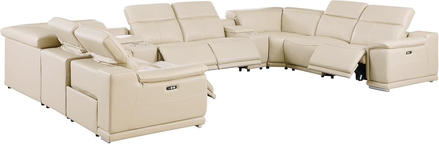 BlackJack Furniture Venice 10-Piece Top Grain Italian Leather Sectional Reclining Sofa Set with 4 Power Recliners, Adjustable Headrests, USB and Wireless Phone Charger and Console Storage, Beige