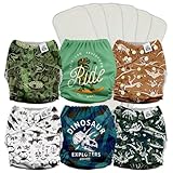 Mama Koala 3.0 Pocket Cloth Diapers for Babies with AWJ Lining, 6 Pack with 6 5-Layer Natural Cloth Diaper Inserts - Reusable and Washable Pocket Diapers(A-It's Dinosaurs)