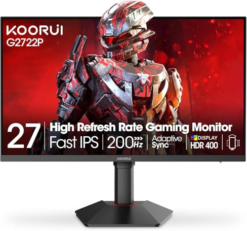 KOORUI 27 Inch 1440p Gaming Monitor 200Hz, 1ms, Fast IPS Screen, HDR400, 95% DCI-P3 Color Gamut, Height/Pivot/Tilt Adjustability, Adaptive Sync Technology, HDMI & DP Ports, 2K Monitor, Black, G2722P