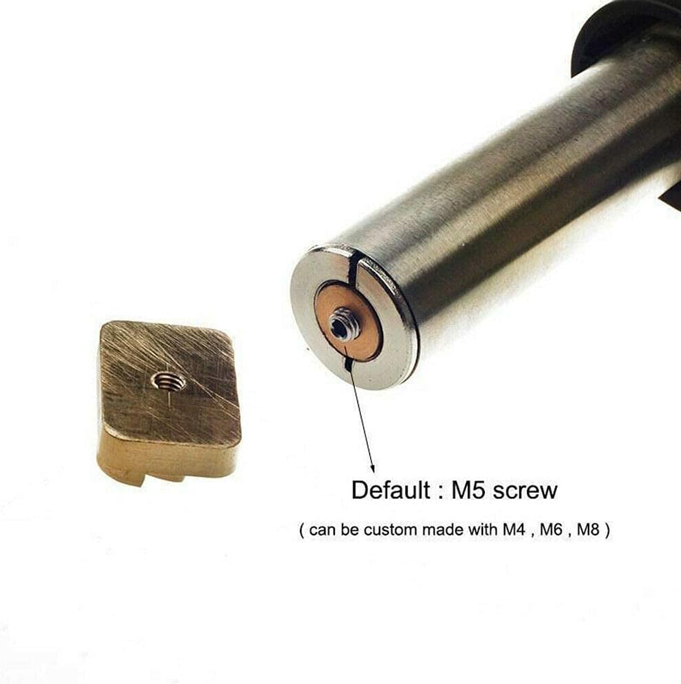 Close-up of the stamp attachment point showing M5 screw default and other compatible sizes