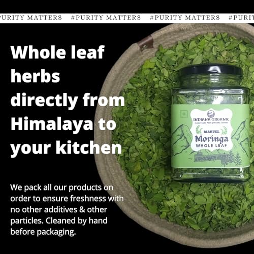 Image of Indiana Organic Moringa Whole Leaves Dry Leaf, Dried Drumstick Tree Leaves, Natural Super-Food - Essential Nutrition Superfood, Helps Naturally Boost Energy Levels, Improves Stamina & Vitality, Rich In Vitamins & Minerals - 35 Gram