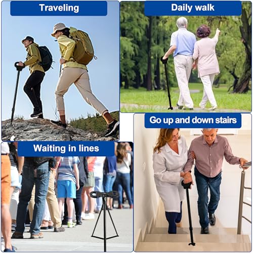 Image of Walking Cane with Seat, Cane Chair with Cushion Folding Lightweight Portable Seat for Adults Seniors Camping Hiking Travelling
