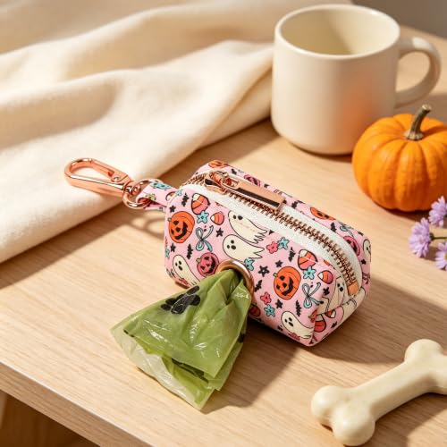 Image of ARING PET Halloween Dog Poop Bag Holder, Cotton Puppy Pink Pumpkin Ghost Waste Bag Dispenser Attach to Any Leashes, Portable Washable Pet Waste Pouch Holder with Two Rolls of Bags