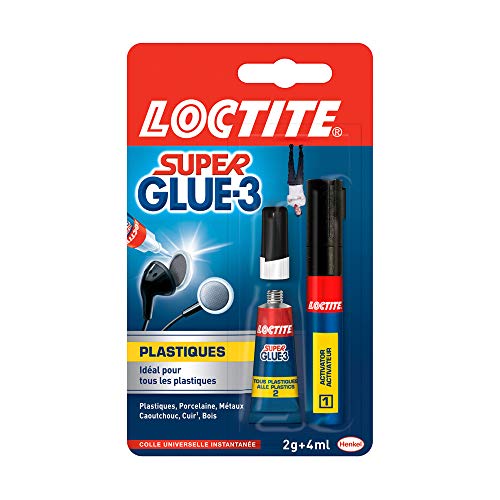 Loctite Super Glue-3 Spécial plastiques, colle forte pour tout plastique, colle transparente à séchage immédiat, tube de colle 2 g et stylo activateur 4 ml
