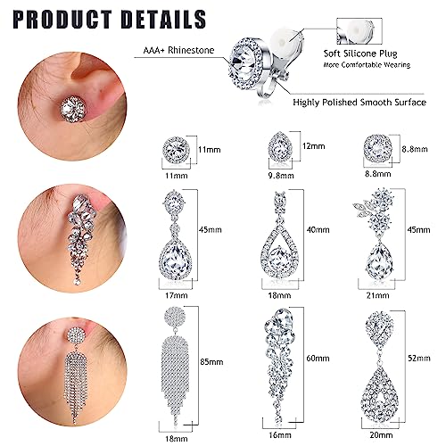 Zelores 9 Pairs Clip On Earrings For Women Wedding Bridal Chandelier Earrings Teardrop Long Drop Dangle Clip-On Earrings Set Rhinestone Earrings For Brides Bridesmaids Non Pierced Jewelry thumb #3