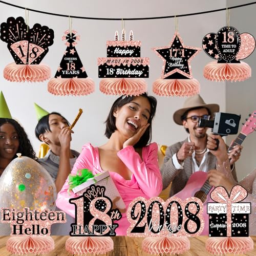 Image of 9Pcs Rose Gold Pink 18th Birthday Decorations Honeycomb Centerpieces for Girls,Happy 18th Birthday Centerpieces Tables Toppers Party Decorations Supplies,Vintage 2008 Aged Table Sign Decor