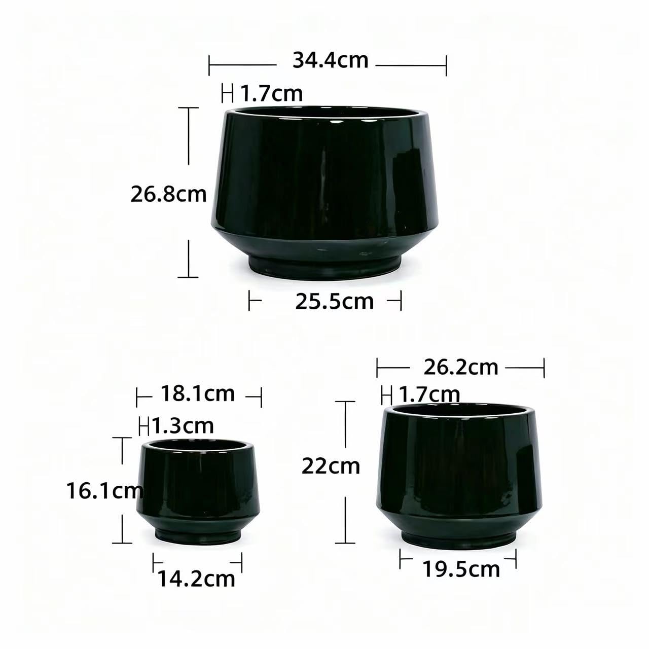 Keramik-Blumentopf, Ø 18,1 cm / 26,2 cm / 34,4 cm, dunkelgrün | 3er-Set, Ablaufloch, Einfarbige glatte Glasuroberfläche
