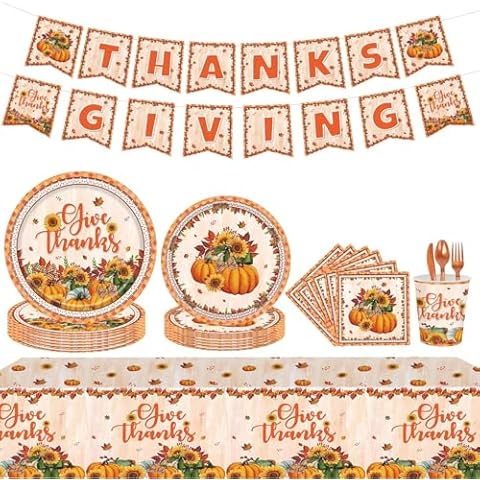 Pumpkins Thanksgiving Paper Plates and Napkins Set for 24 Guests Including 9" Plates 7" Desert Plates Napkins Cups Knives Forks Spoons Straws Tablecloth and Banner Thanksgiving party decorations Cover