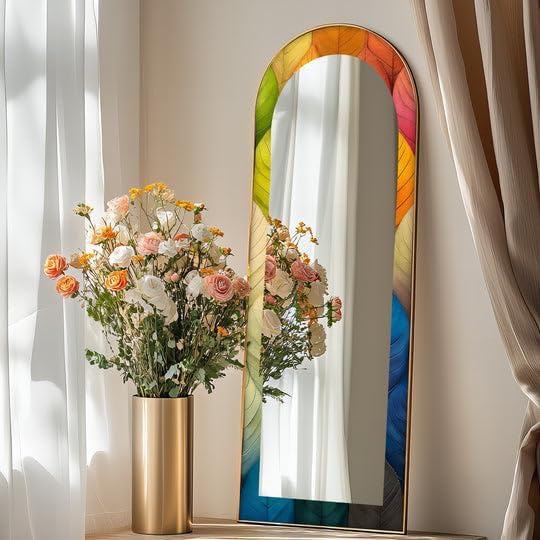 23,5’’W x 67’’H Botanic Spectrum – Leaf Pattern Abstract Floor Mirror Arched Full Lenght Mirror - Arch Full Body Stained Floor Mirror with Black Frame with Black Frame