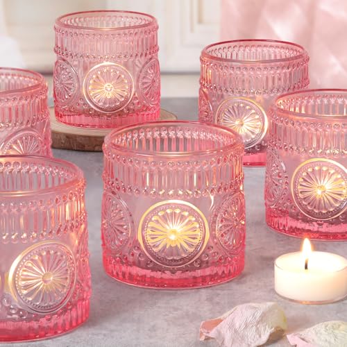 Sunnyfuture 6Pcs Large Votive Candle Holders Pink Glass...