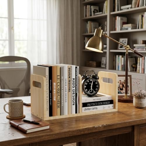 Image of 100% Solid Wood Adjustable Desktop Bookshelf With Movable Divider, Retro Tabletop Bookshelf With Convenient Handle Design for Living Room, Home, Office, Perfect for Magazine Book (Natural Wood Color)