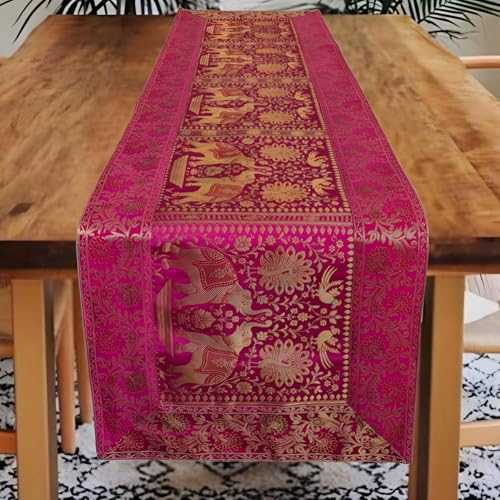 Image of Decorative Handmade Silk Table Runner Golen Brocade Dinning Table & Centre Table Top Decor Rectangular Runners Bed Runners Table Cloth for Wedding (152 X 40 CM ) (Pink)