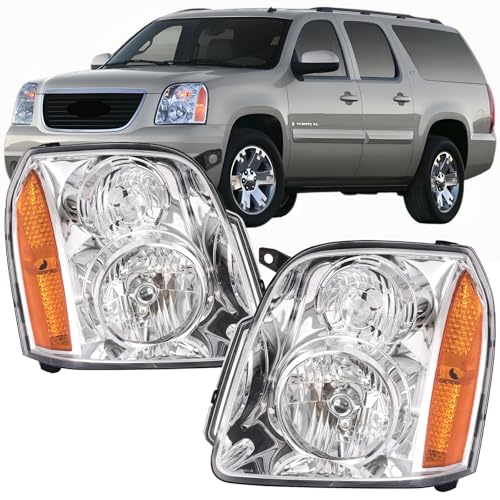 2PCS Headlights Assembly Set For 2007 2008 2009 2010 2011 2012 2013 2014 GMC Yukon XL 1500 2500 Hybrid Replacement Headlamp(Left+Right)OE Style Chrome Housing clear Lens GM2502265 GM2503265